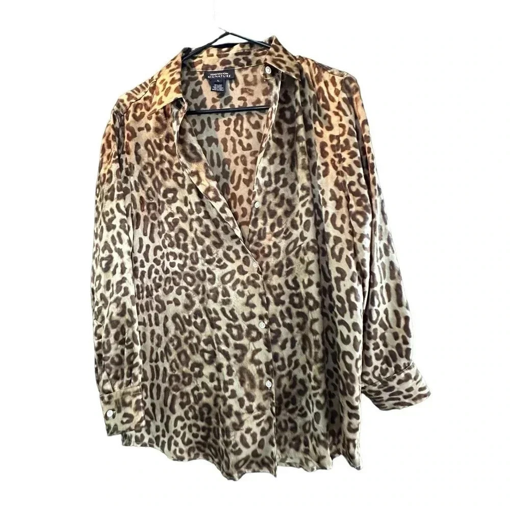 Jones New York 100% silk Women's Cheetah Print Button Down Shirt Size L
